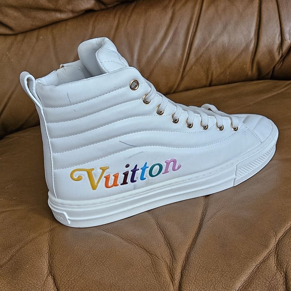 Women's Louis Vuitton White Leather Rainbow Logo Hightop Sneakers Size 6.5 US - Picture 5 of 16